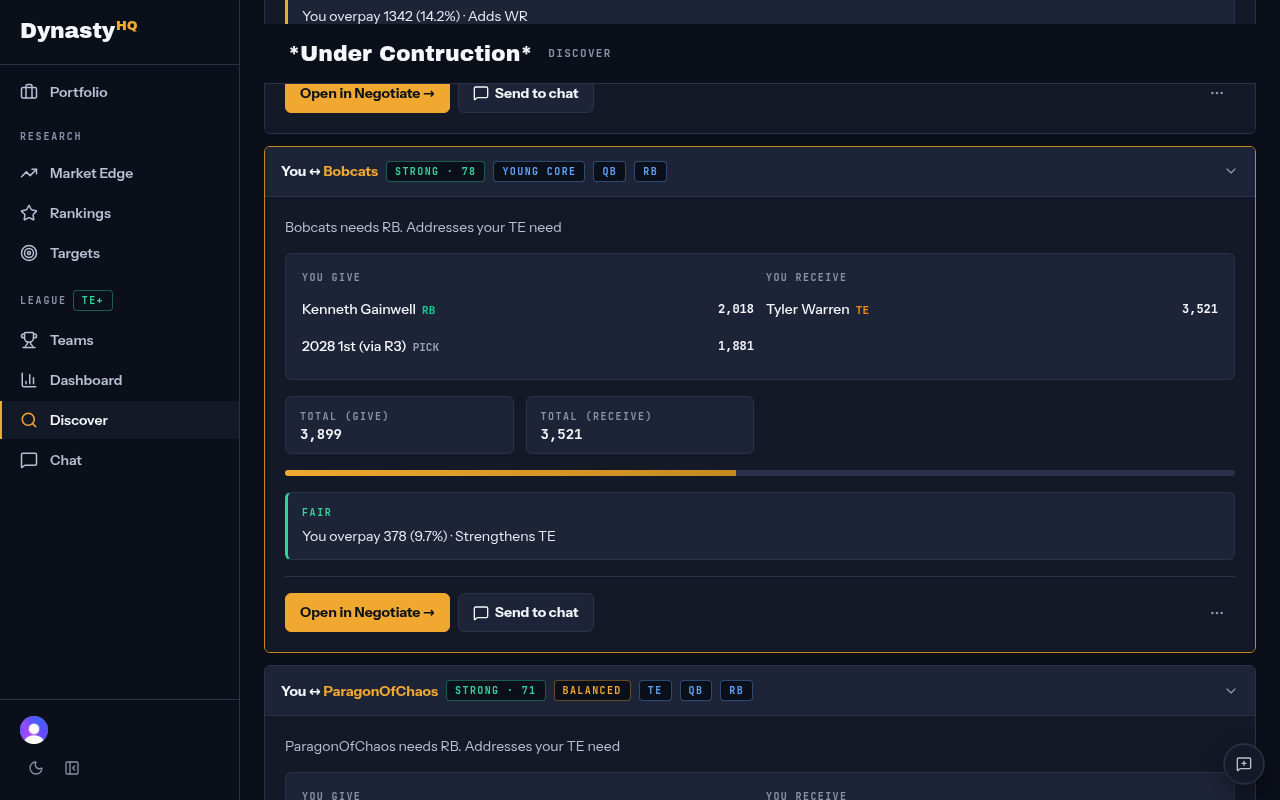 DynastyHQ trade builder showing a counterparty-archetype fit badge, acceptance odds, and a two-side package